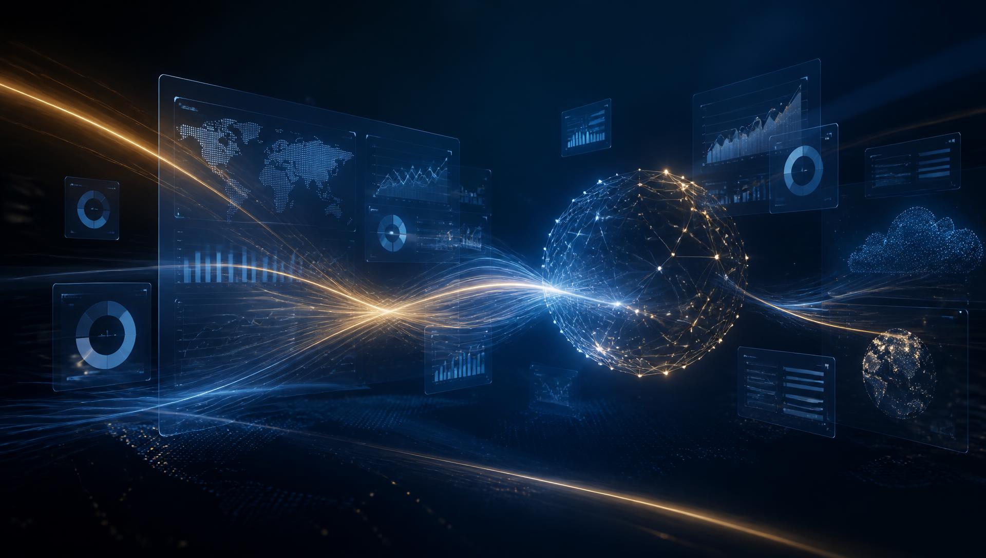 Abstract visualization of connected business dashboards and data integration